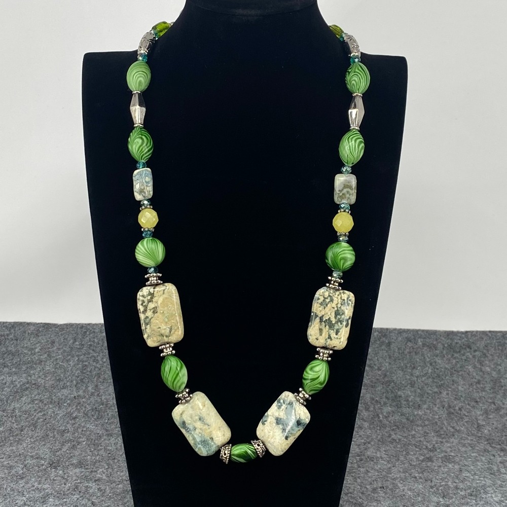 Mixed Green Stone Statement Necklace 28in Agate Jasper Bloodstone Handcrafted